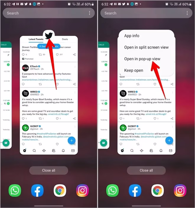 Samsung Popup-visning med delt skjerm