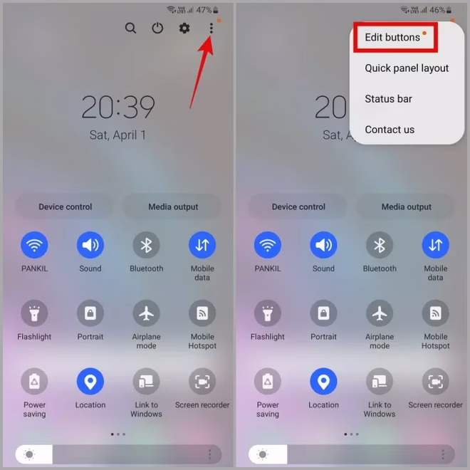 Redigere hurtiginnstillingsmenyen på Android
