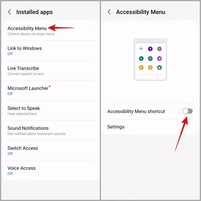 Deaktiver tilgjengelighetsmeny på Android
