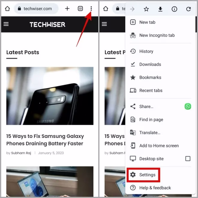 Åpne menyen for Chrome-innstillinger på Android