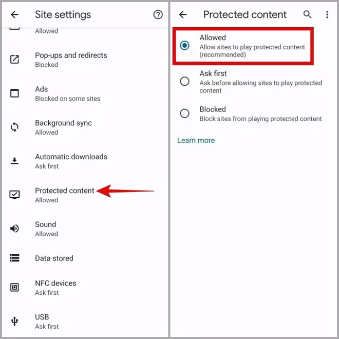 Tillat beskyttet innhold i Chrome for Android