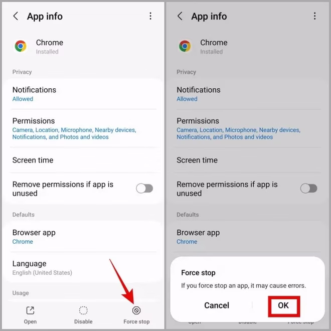 Tvinge stopp av Chrome på Android