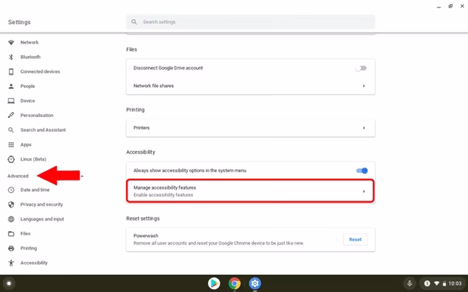 Administrere tilgjengelighetsfunksjoner på Chromebook