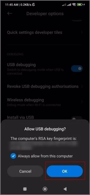 godta forespørsel om usb-feilsøking fra adb