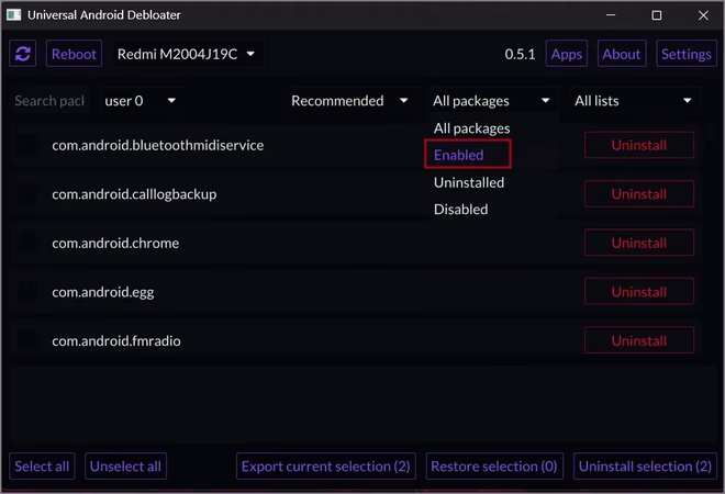 Vise listen over aktive apper i Universal Android Debloater