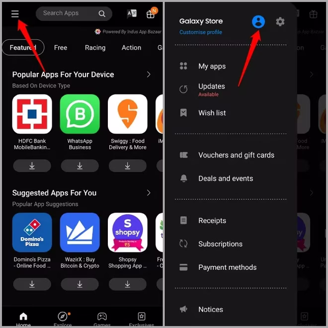 Åpne Galaxy Store-profilen på Samsung Phone