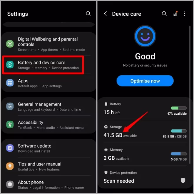 Sjekk lagringsplass på Samsung-telefonen