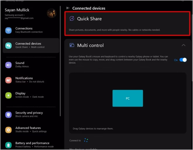 Aktivere Quick Share på Galaxy Book