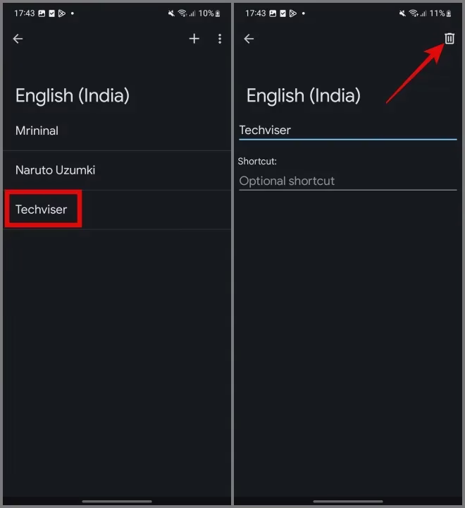 Slett ord fra personlig ordbok (Gboard)