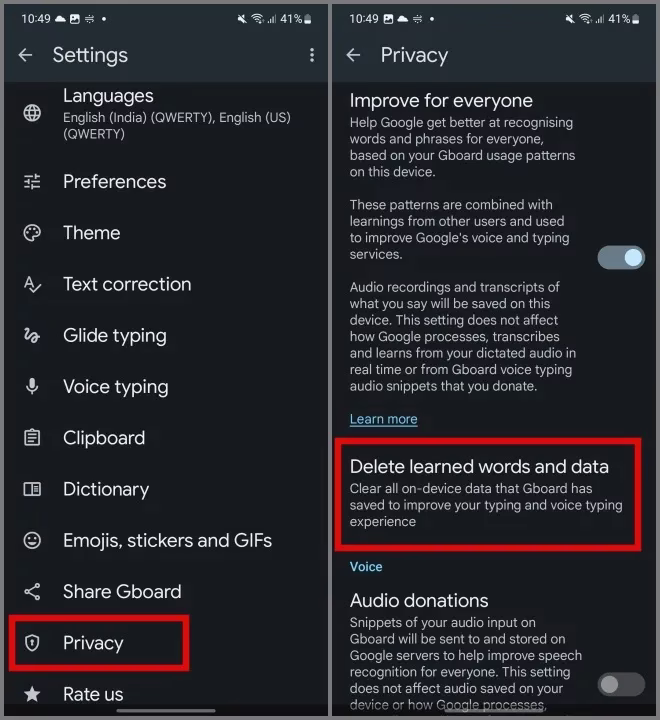 Personverninnstillinger for Gboard for Android