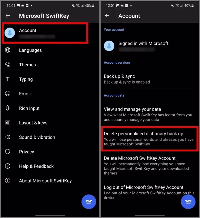 Slett sikkerhetskopiering av personlig ordbok fra SwiftKey Android