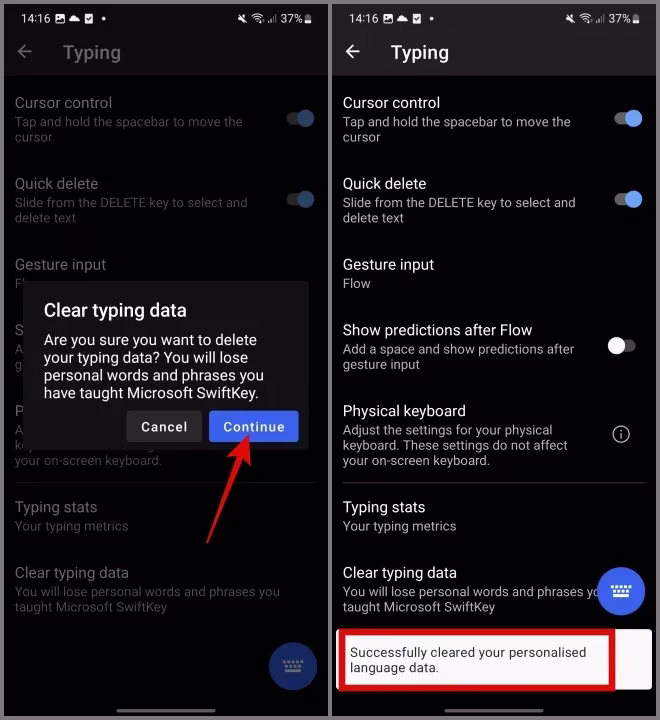 Bekreft Slett skrivedata på SwiftKey Android Keyboard