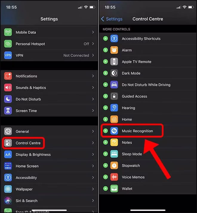 aktivere musikkgjenkjenning i kontrollsenteret på iOS