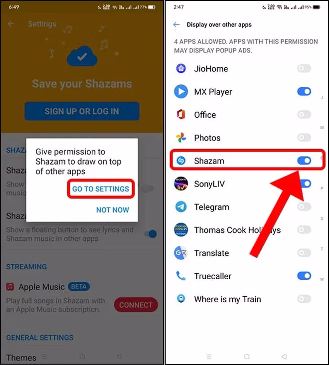 aktiver shazam for å tegne over andre apper