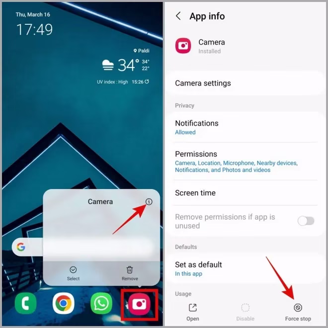 Tvinge stopp av Samsung Camera App Info på Galaxy-telefonen