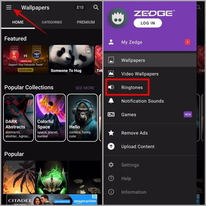 Menyen i Zedge-appen på en Samsung-telefon