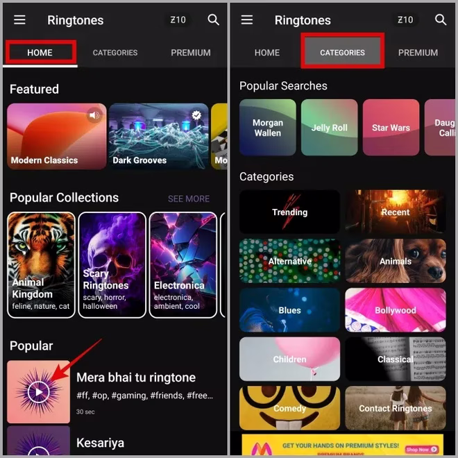 Ringetoner i Zedge-appen på en Samsung-telefon