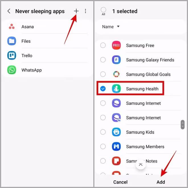 Legge til Samsung Health-appen i listen over apper som aldri sover på Samsung Galaxy Phone