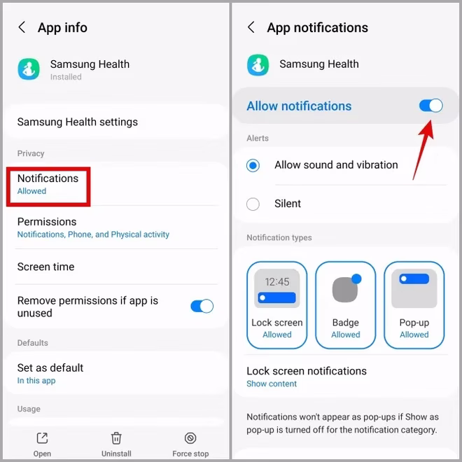 Tillat varslingstillatelser for Samsung Health-appen på Galaxy Phone
