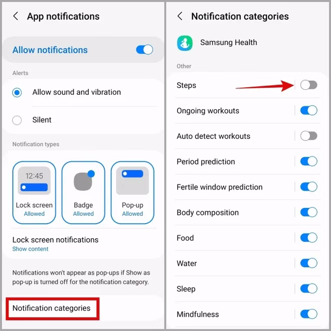 Aktiver trinnvise varsler for Samsung Health-appen på Galaxy-telefonen
