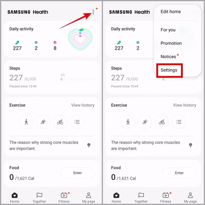 Innstillinger for Samsung Health-appen på Galaxy Phone