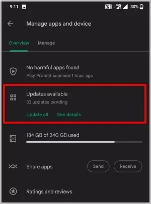 Oppdatering av alle apper i Play Store