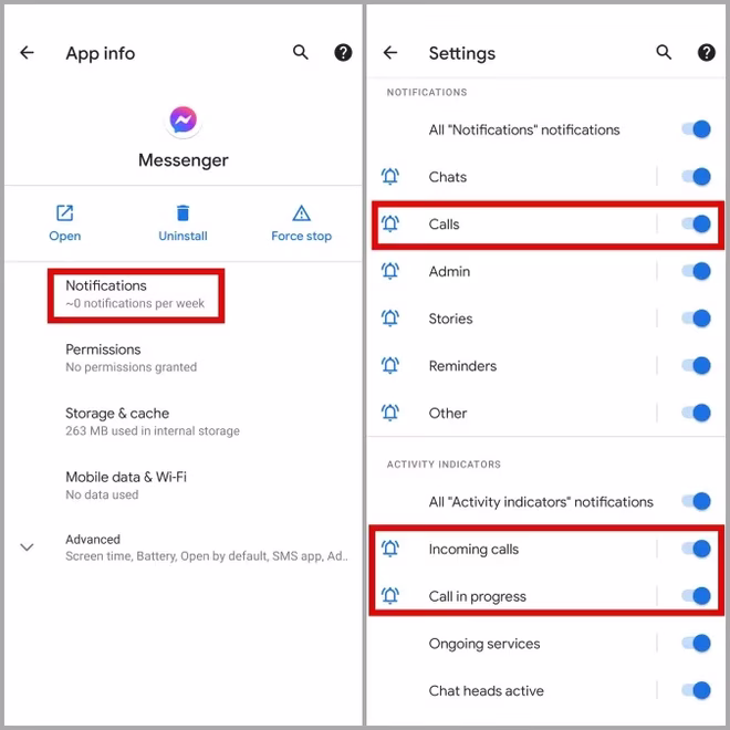 Varslingsinnstillinger for Facebook Messenger på Android