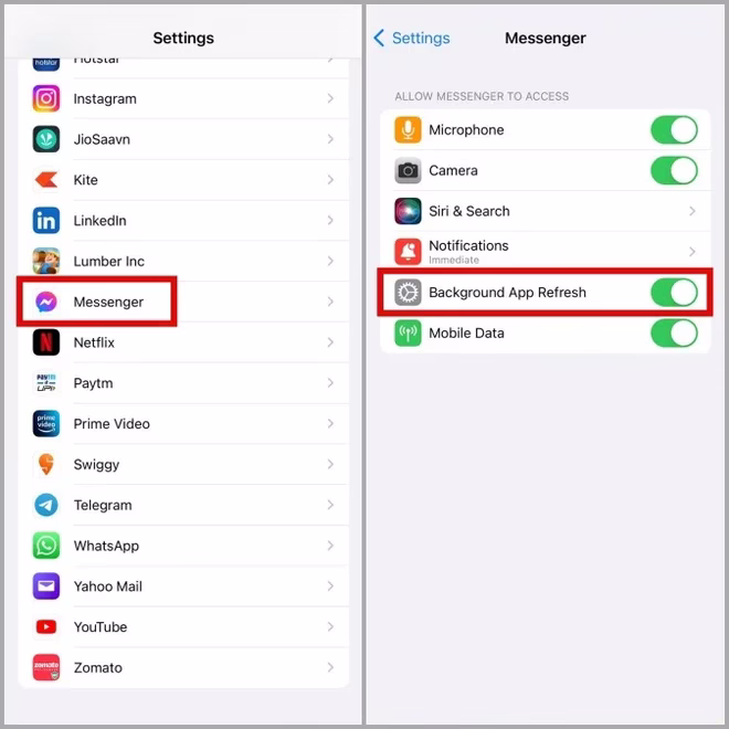 Aktiver bakgrunnsoppdatering av app for Messenger på iPhone