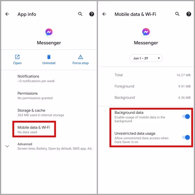 Tillat ubegrenset databruk for Facebook Messenger på Android