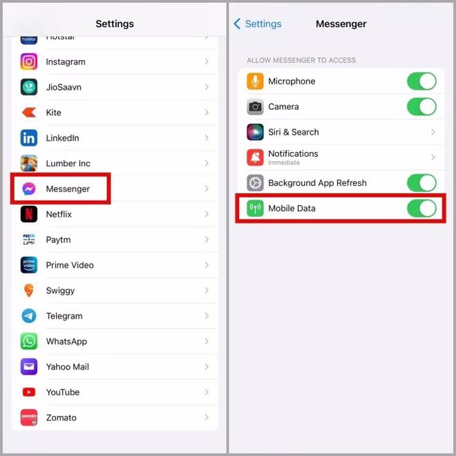 Aktiver mobildata for Messenger på iPhone