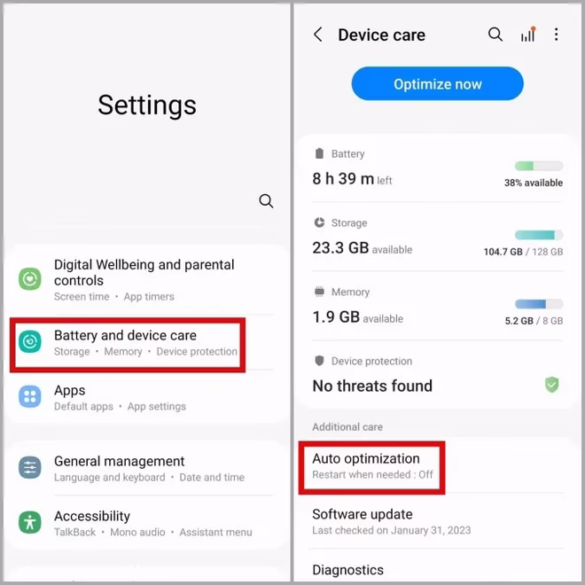 Automatyczna optymalizacja na telefonie Samsung
