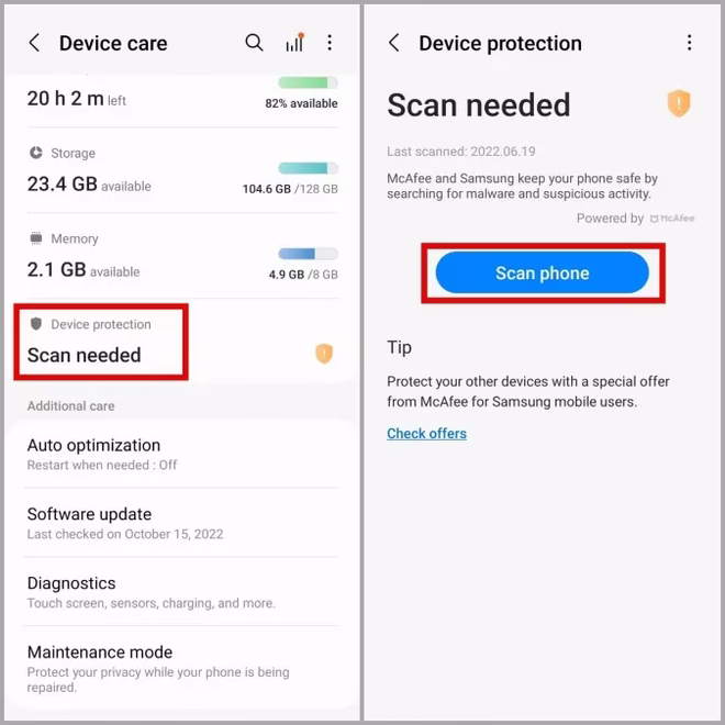 Skanowanie telefonu Samsung w poszukiwaniu złośliwego oprogramowania