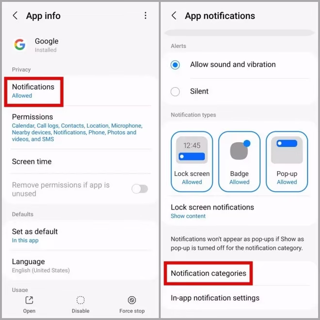 Google App-varslingskategorier på Android