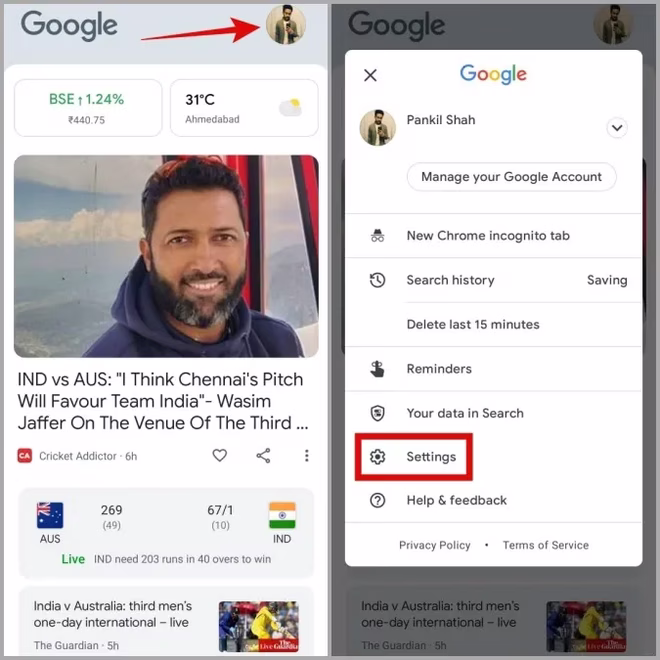 Åpne innstillinger for Google-appen på Android