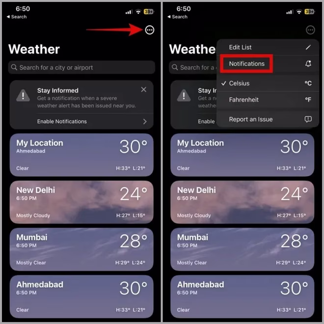 Varsler i vær-appen på iPhone