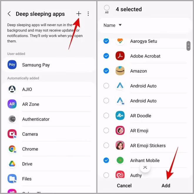 Sette apper i dvalemodus på Samsung Phone