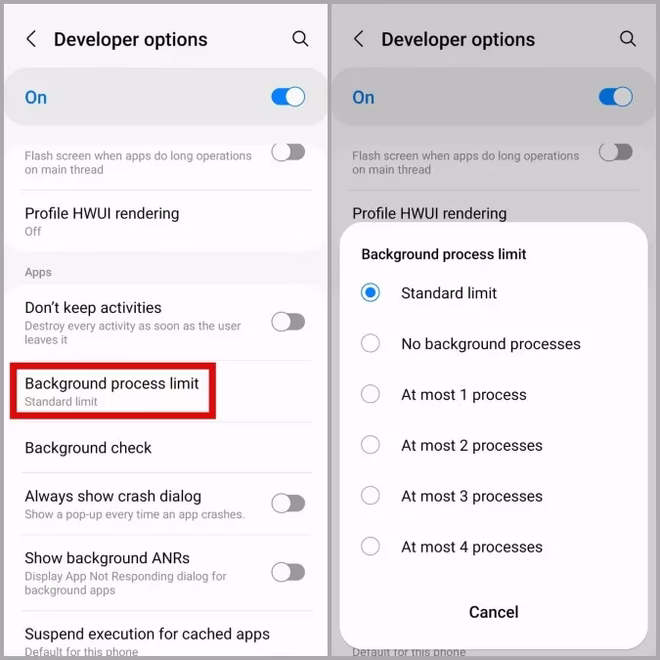 Angi grense for bakgrunnsprosesser på Android-telefoner