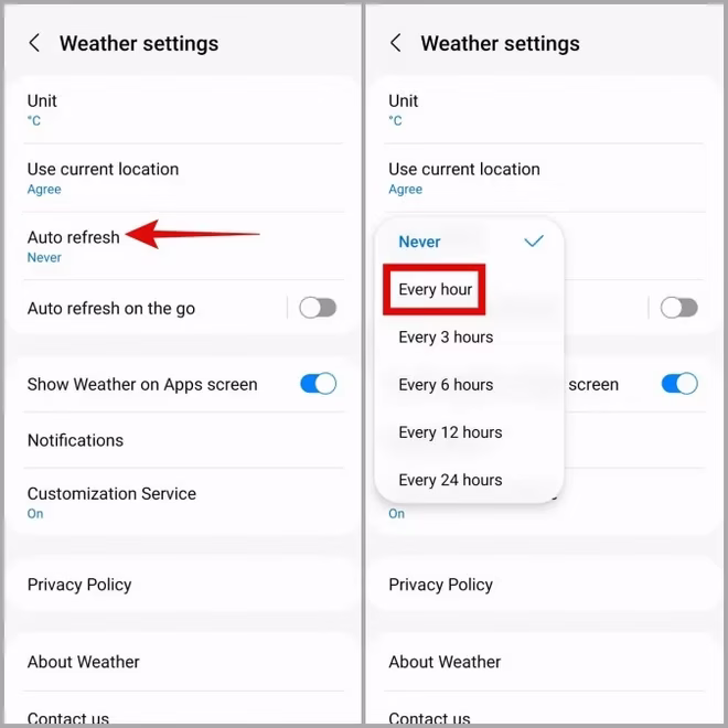 Innstillinger for automatisk oppdatering av vær-appen på Samsung Galaxy Phone