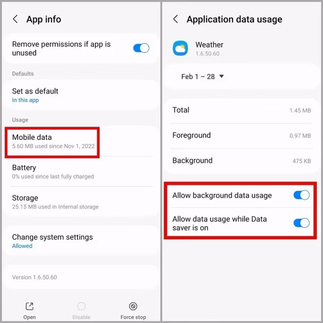 Tillatelse til bakgrunnsdata for Weather-appen på Samsung Galaxy Phone