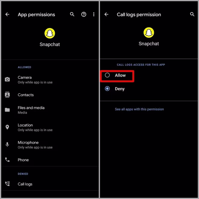Tillat Snapchat-tillatelser på Android