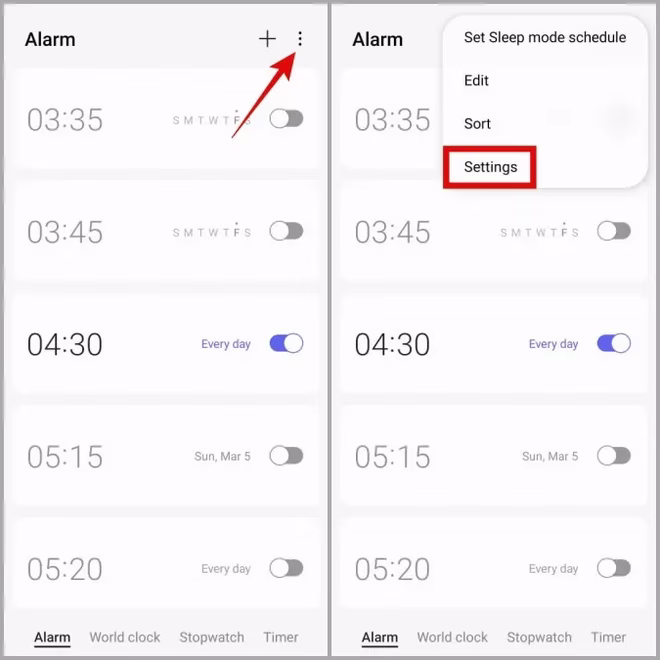 Ustawienia aplikacji Zegar na telefonie Samsung