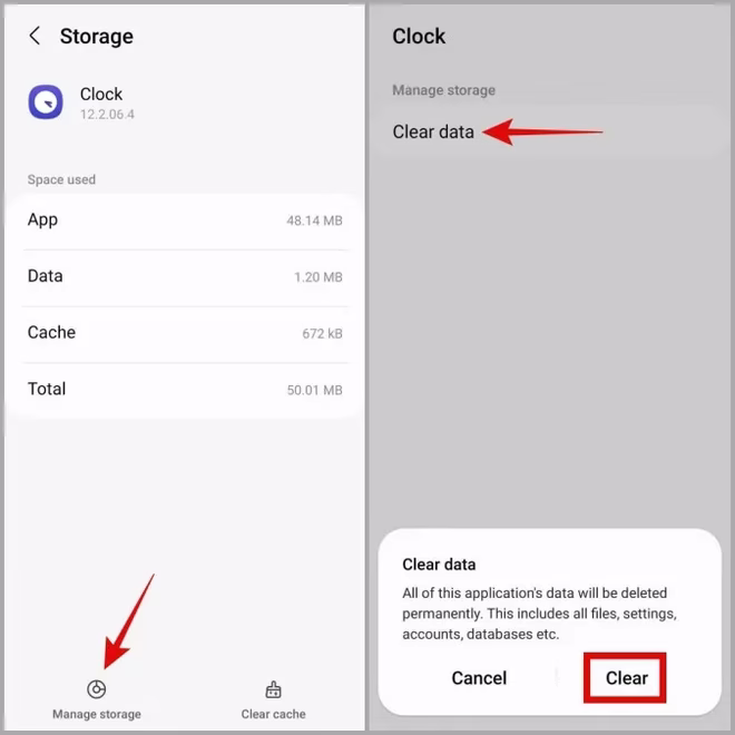 Wyczyść dane aplikacji Zegar na telefonie Samsung