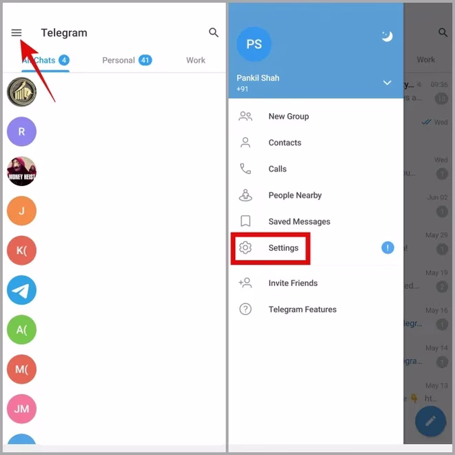 Ustawienia Telegrama na Androida