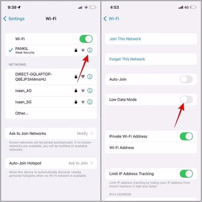 Wyłączanie trybu niskiego zużycia danych w Wi-Fi na iPhonie