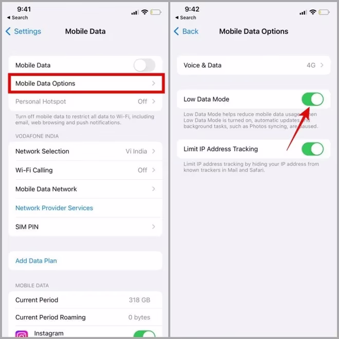 Wyłączanie trybu niskiego zużycia danych w sieci komórkowej na iPhonie