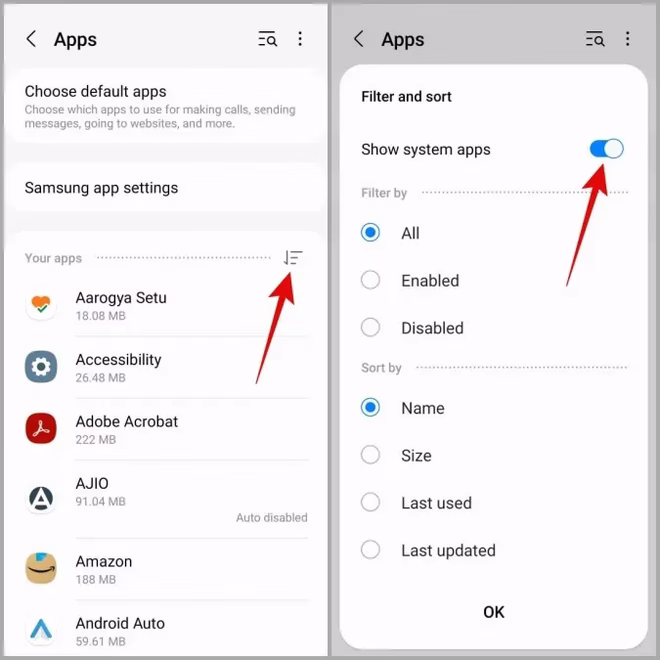 Vis systemapper på Samsung Phone