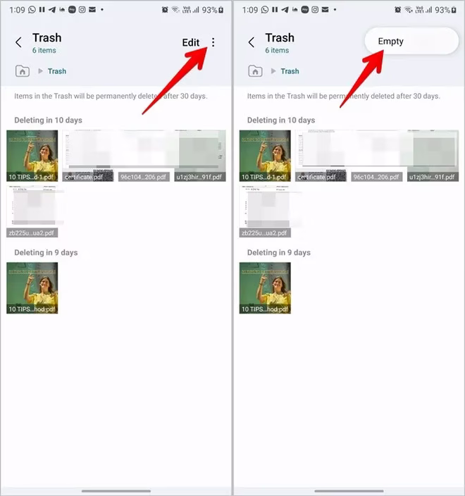 Samsung Files Papirkurv Tøm alle filer