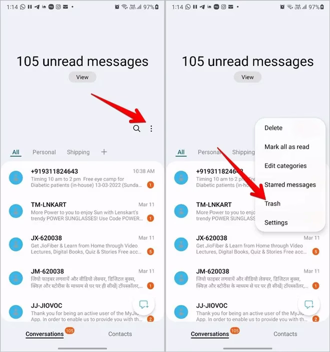 Samsung Messages Papirkurv