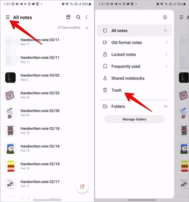 Samsung Notes Papirkurv 1