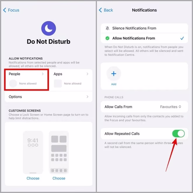 Deaktivere gjentatte anrop under DND på iPhone